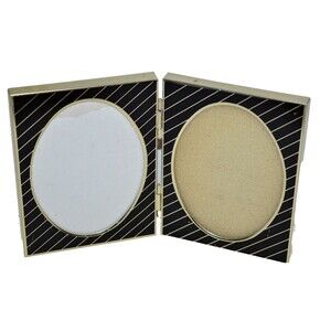 Vtg Bi-fold Gold Black Striped Brass Metal MCM 3x5 Oval Photo Picture Frame